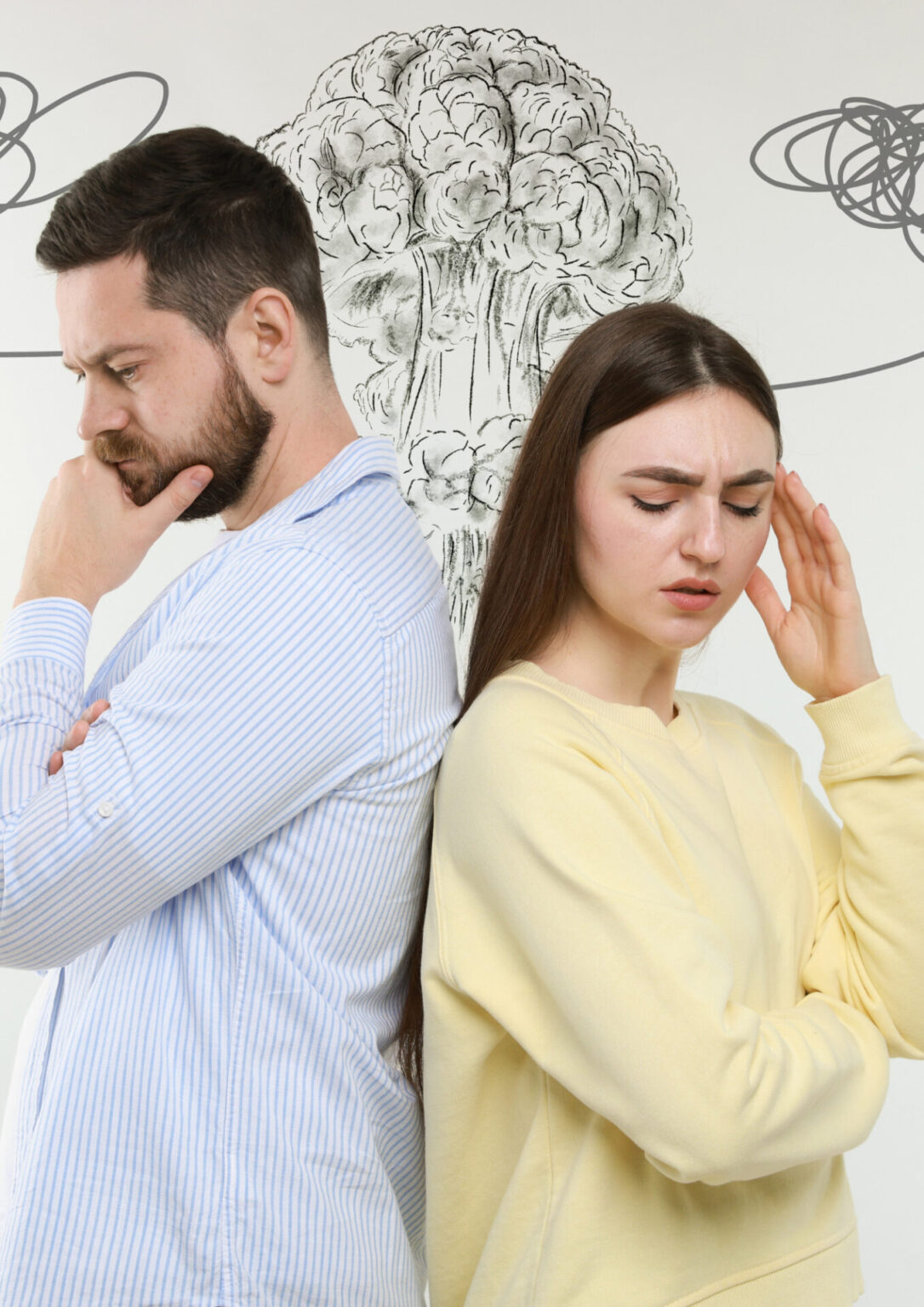 „Érzelmi távolság egy párkapcsolatban – háttal álló pár túlgondolás miatti feszültséggel”